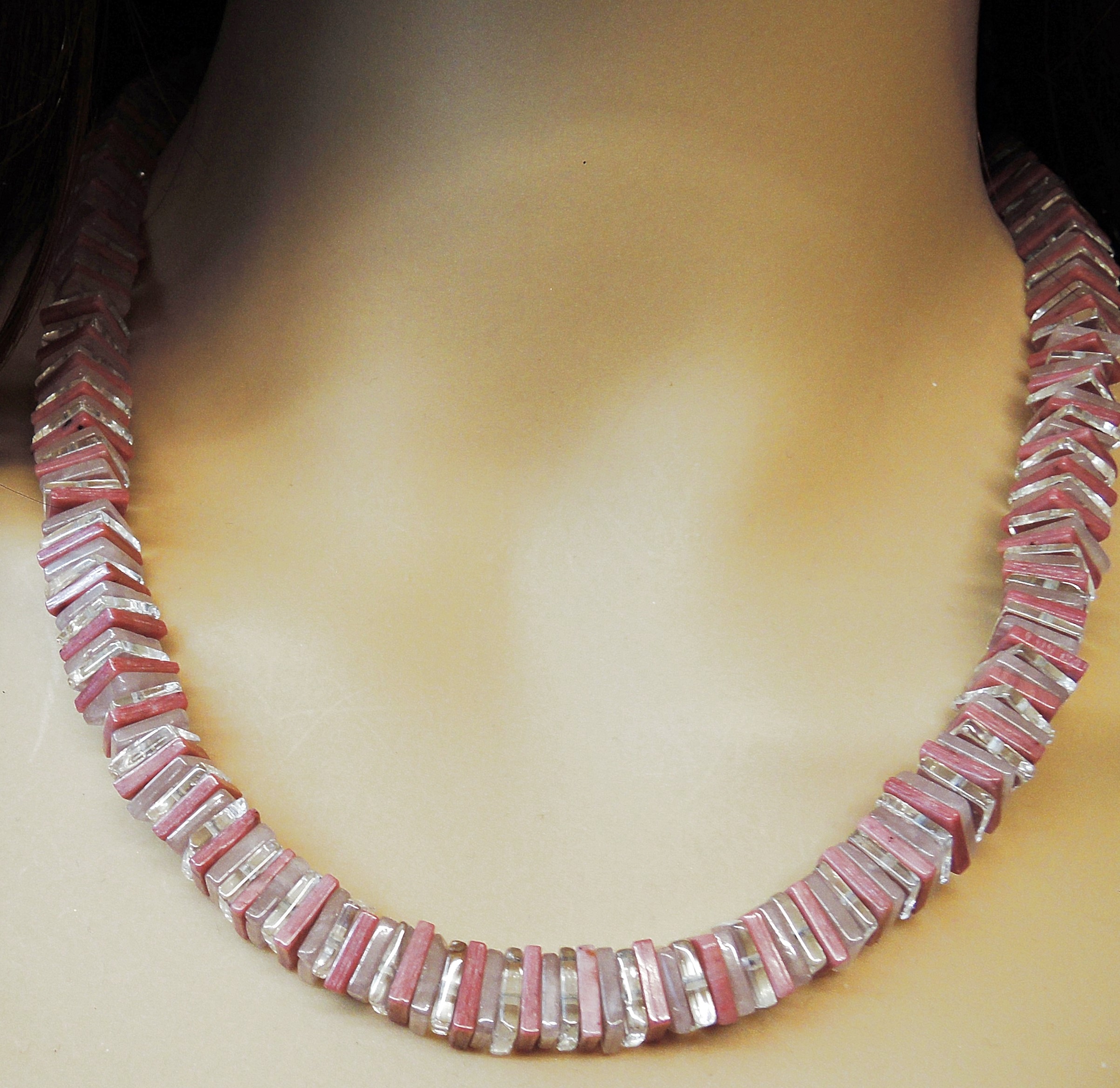 Edelsteinkette Rosenquarz/Bergkristall/Rhodonit